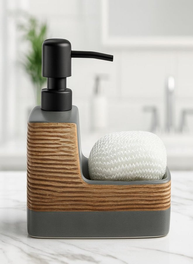 Whizzo Ceramic Soap Dispenser with Wooden Finish & Sponge Holder | Hand Wash or Dish Soap Dispenser for Kitchen & Bathroom Counter | Refillable Pump Bottle with Cleaning Sponge (350ML, LD-213, Grey) - Image 2